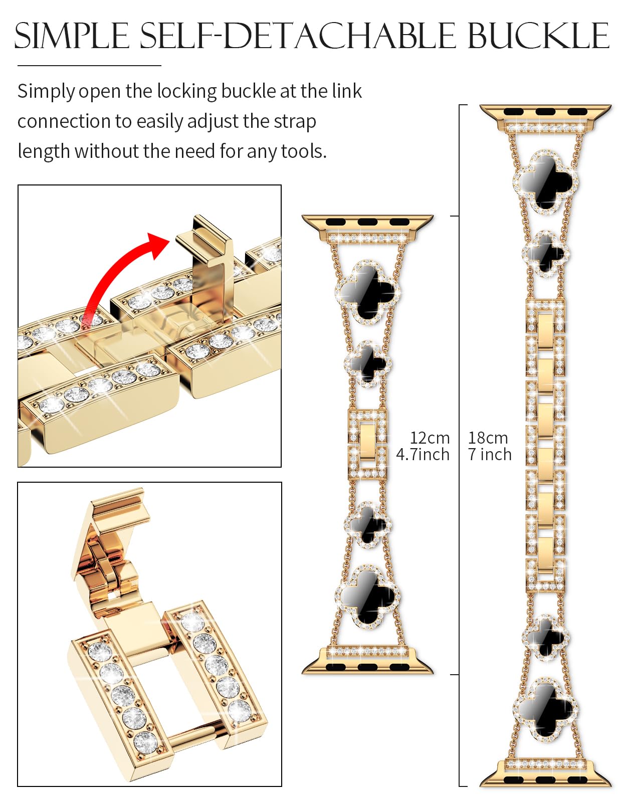CTYBB Bling Diamond Band Compatible with Apple Watch Bands for Women 40mm 41mm 38mm 42mm Series 11 10 9 8 7 6 5 4 SE 3 2 1, Sparkle Metal Bracelet Wristband, Cute Lucky Clover Dressy iWatch Band,Gold/Black