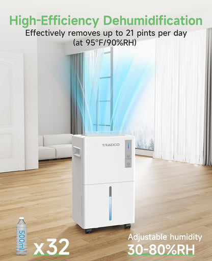 1500 Sq.ft Dehumidifier for Basement, Trazico 21 Pint Dehumidifiers for Home Large Room with Drain Hose, Smart Humidity Control, 3 Modes, 24H Timer, Auto Defrost, Ideal for Bedrooms, Bathroom, White