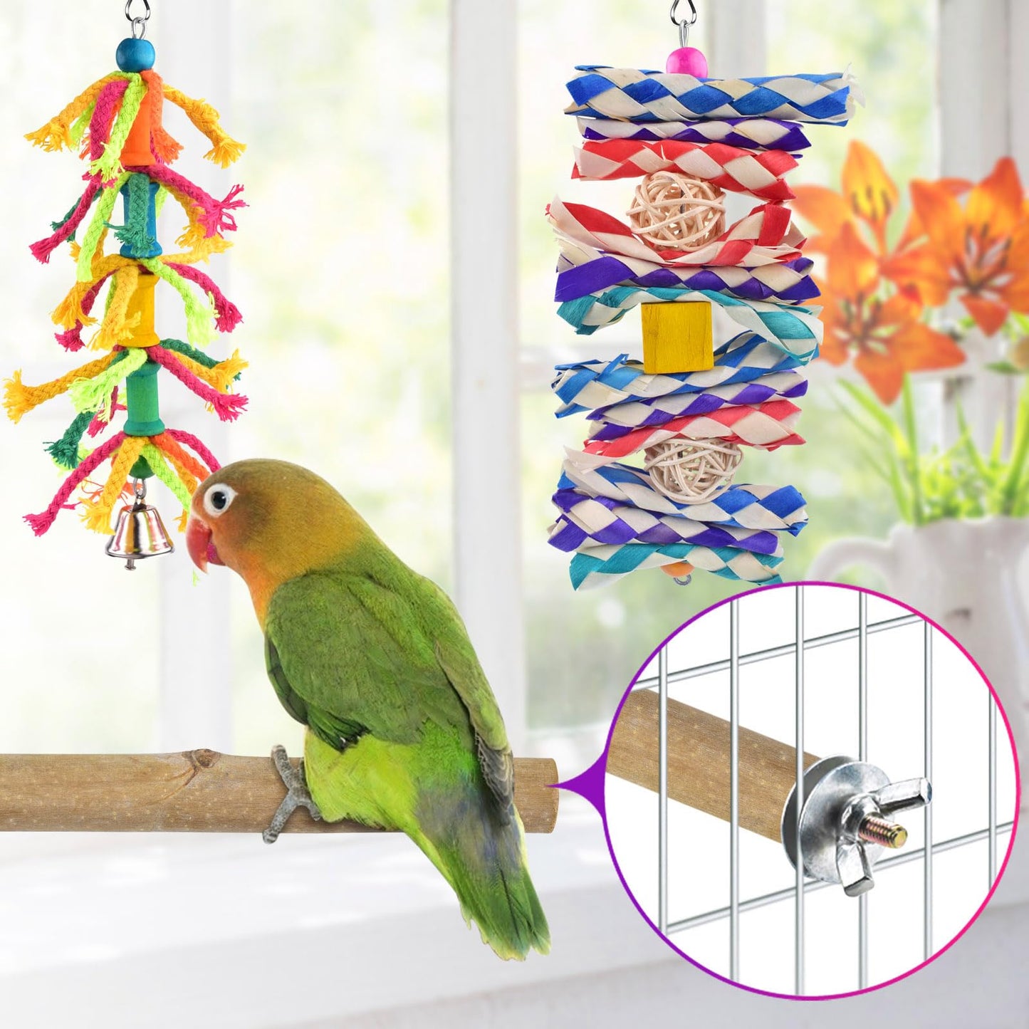 KATUMO Bird Toy Set, 7 PCS Small Bird Toys for Parrot, Including Wooden Ladder, Chewing Toys, Perch - Pet Activity Structure for Indoor, Outdoor, Climbing, Entertainment