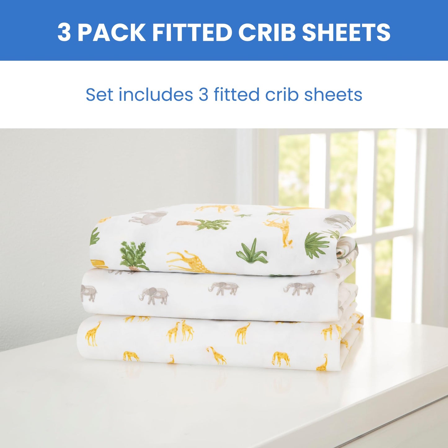 Delta Children Fitted Crib Sheets for Girls and Boys - Crib Sheet for Standard Crib and Toddler Mattresses - 28x52 Inch (Pack of 3), Safari Friends