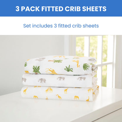 Delta Children Fitted Crib Sheets for Girls and Boys - Crib Sheet for Standard Crib and Toddler Mattresses - 28x52 Inch (Pack of 3), Safari Friends