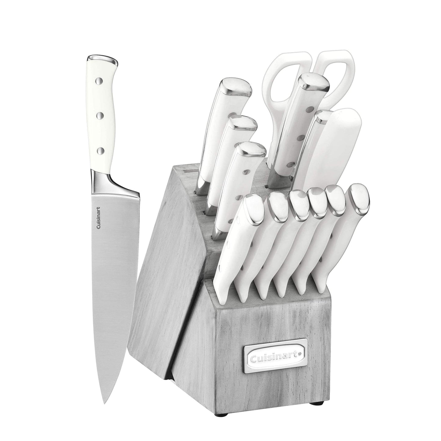 Cuisinart 15-Piece Knife Set with Block, High Carbon Stainless Steel, Forged Triple Rivet, White/Gray C77WTR-15PG