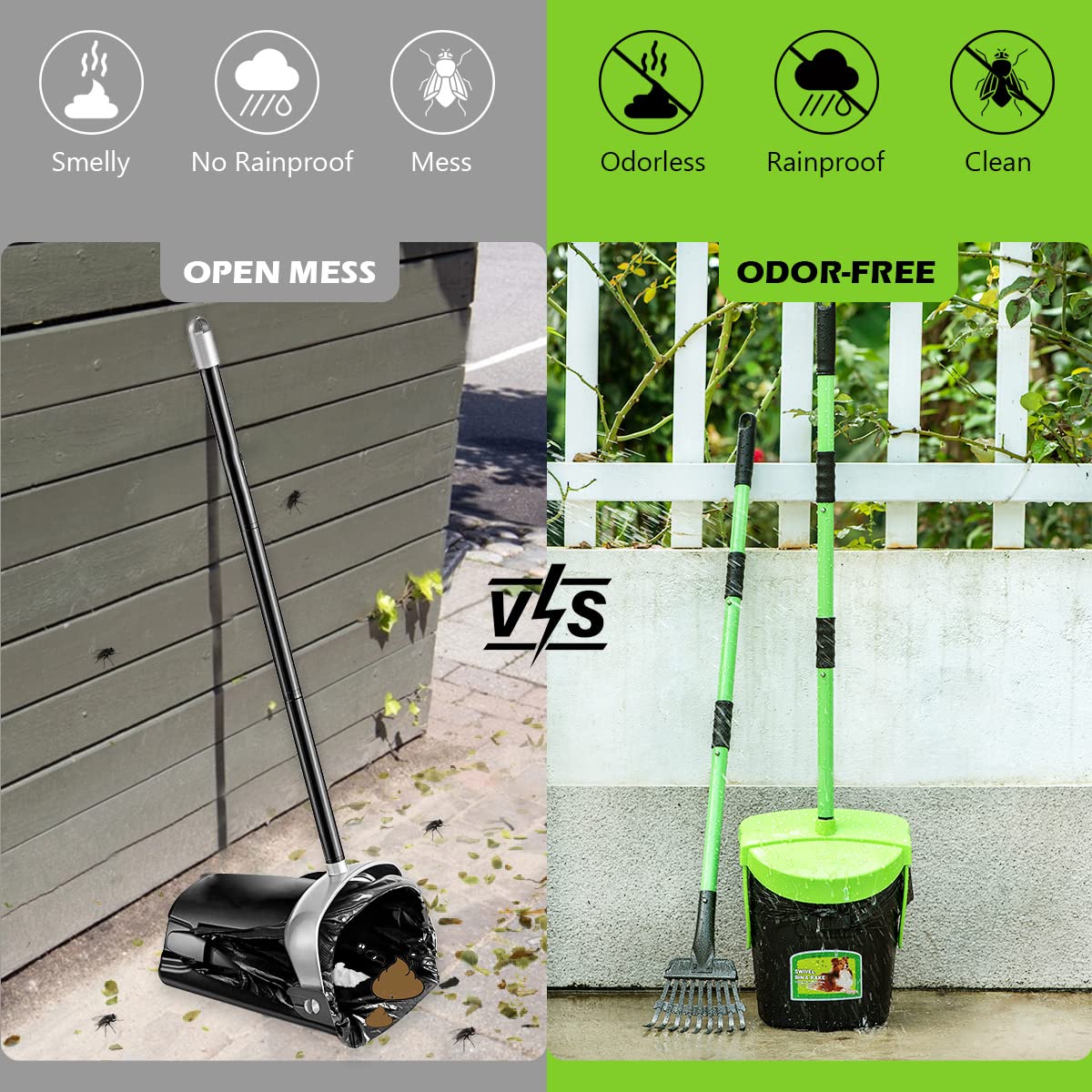 MXF Pooper Scooper Swivel Bin & Rake Kit with 20 Waste Bags, 36.6" Long Handle Adjustable Portable Non-Breakable Dog Pooper Scooper for Large Medium Small Dogs, Poop Scooper for Lawn Yard Dog Kennel