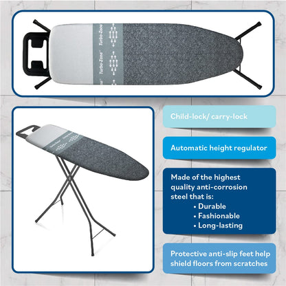 Bartnelli Classic Ironing Board with New Patent Technology | Made in Europe Iron Board with Patent Fast-Glide Zone, 4 Layer Cover & Pad, Height Adjustable, Safety Iron Rest, 4 Premium Steel Legs