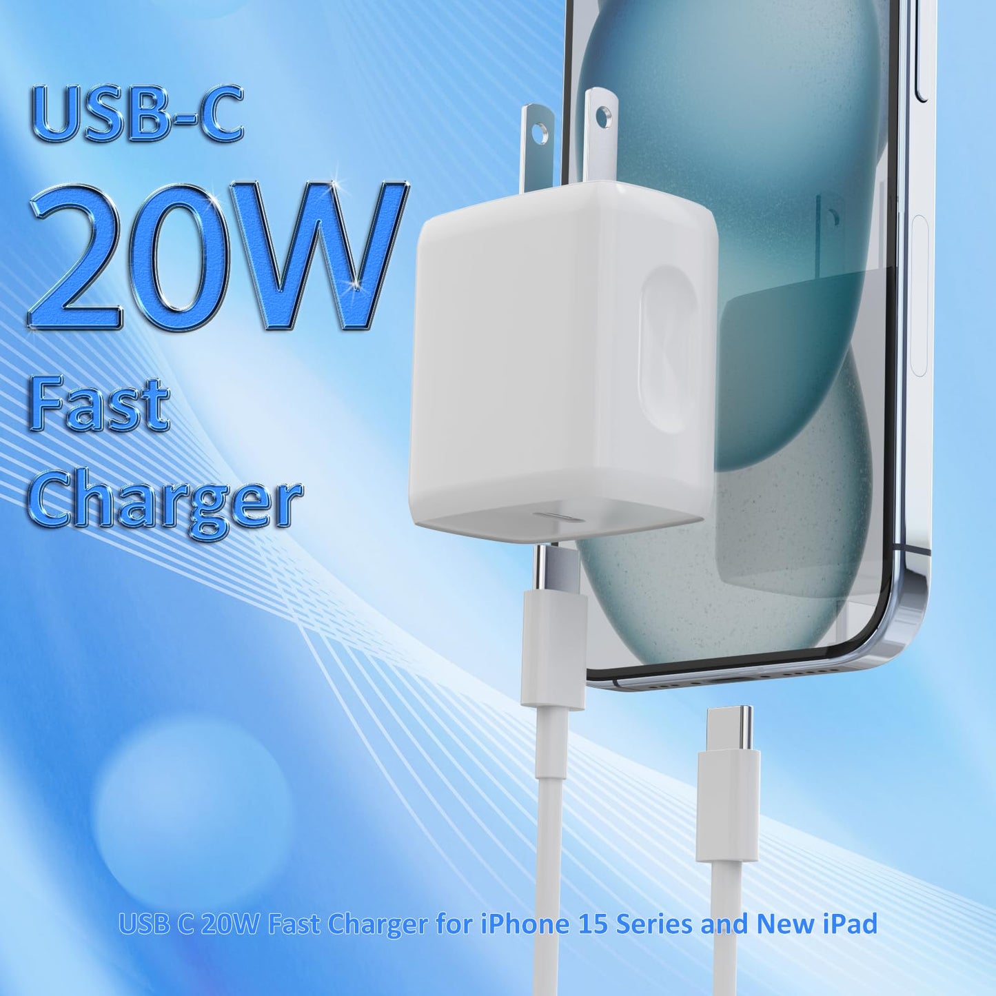 USB C Charger, 2 Pack 20W USB C Fast Wall Charger Block with 2 Pack 6 FT USB-C to C Cable for iPhone 15/15 Plus/15 Pro/15 Pro Max/Pad Pro/Air/Mini, Galaxy