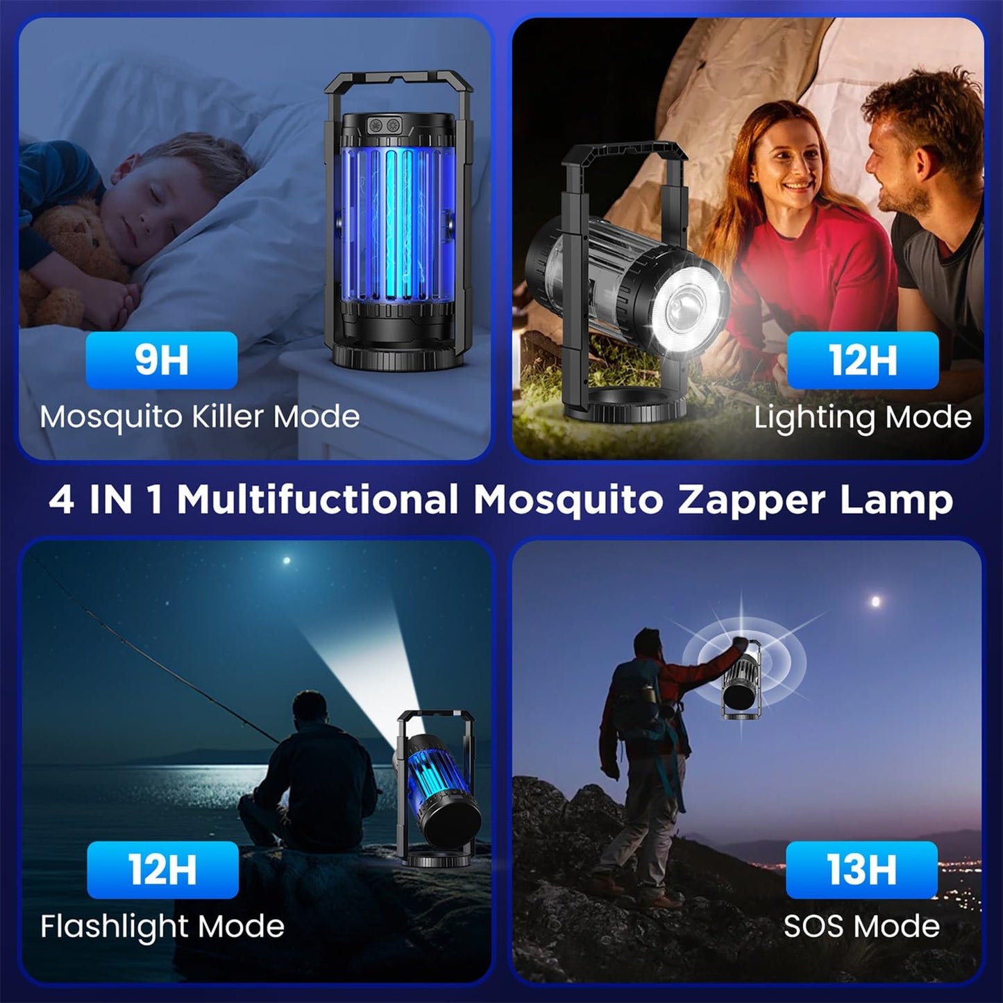Evolpol Bug Zapper Outdoor & Indoor, 5000mAh Rechargeable 4 in 1 Electric Mosquito Zapper, 4200V with LED Light Hanging Portable Mosquito Killer，Fly Trap for Outdoor Patio, Camping, Backyard, Fishing
