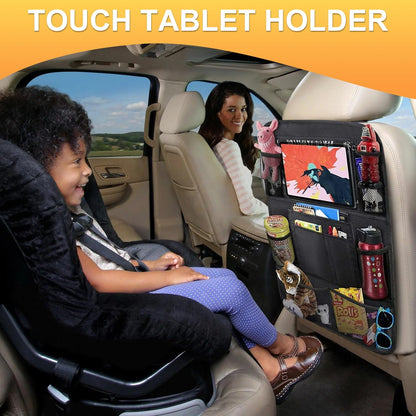 JUSTTOP Black Car Backseat Organizer with Touch Screen Tablet Holder, 9 Storage Pockets Kick Mats Car Seat Back Protectors for Kids Toddlers, Car Travel Accessories, 2 pack