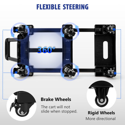 KEDSUM Folding Hand Truck with 6 Wheels(2 with Brake), 530 LBS Heavy Duty Collapsible Dolly Cart, Car Seat Dolly with 2 Lashing Straps for Airport, Travel, Moving, No Assembly Required, Black