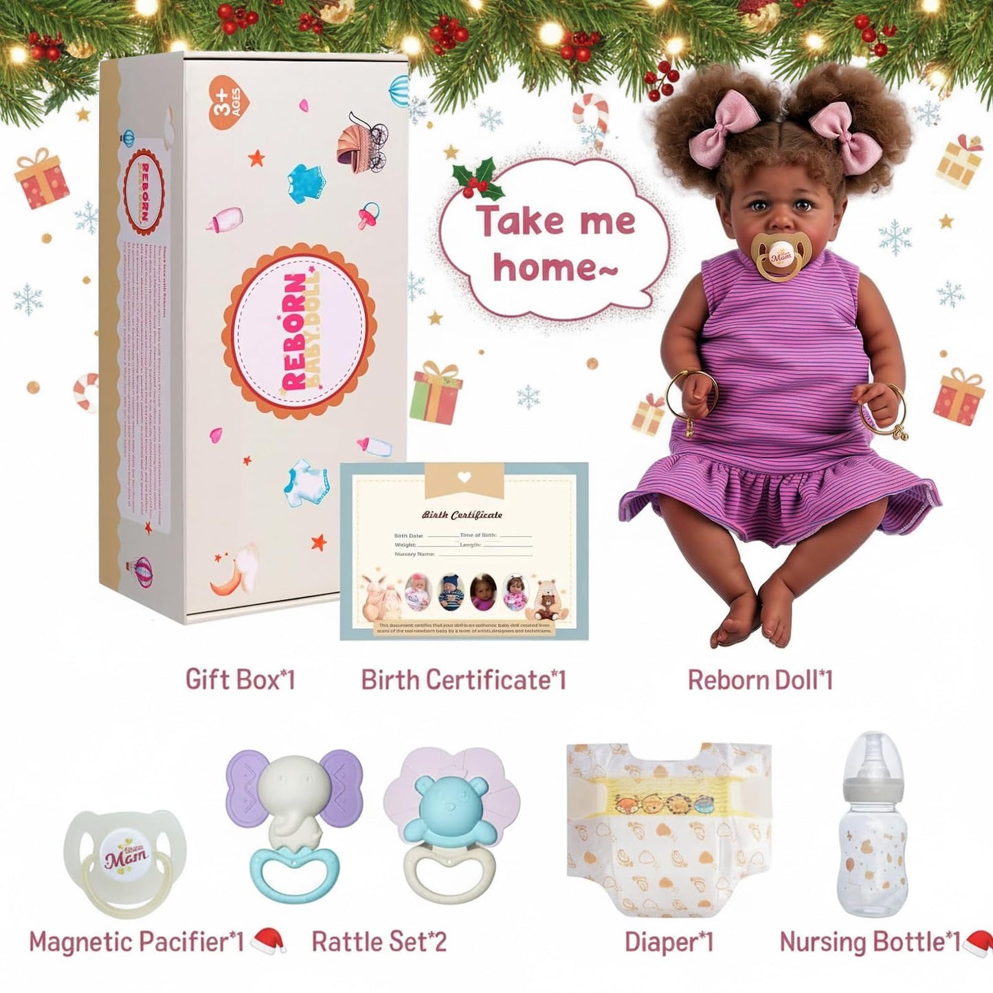 JIZHI Reborn Baby Dolls Black - 22 Inch Lifelike Soft Body Realistic-Newborn Baby Dolls Taupe Eyes Caramel Skin Tone Pink Striped Skirt Real Life and Toy Accessories Gift for Kids Age 3