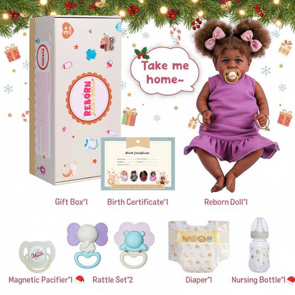 JIZHI Reborn Baby Dolls Black - 22 Inch Lifelike Soft Body Realistic-Newborn Baby Dolls Taupe Eyes Caramel Skin Tone Pink Striped Skirt Real Life and Toy Accessories Gift for Kids Age 3