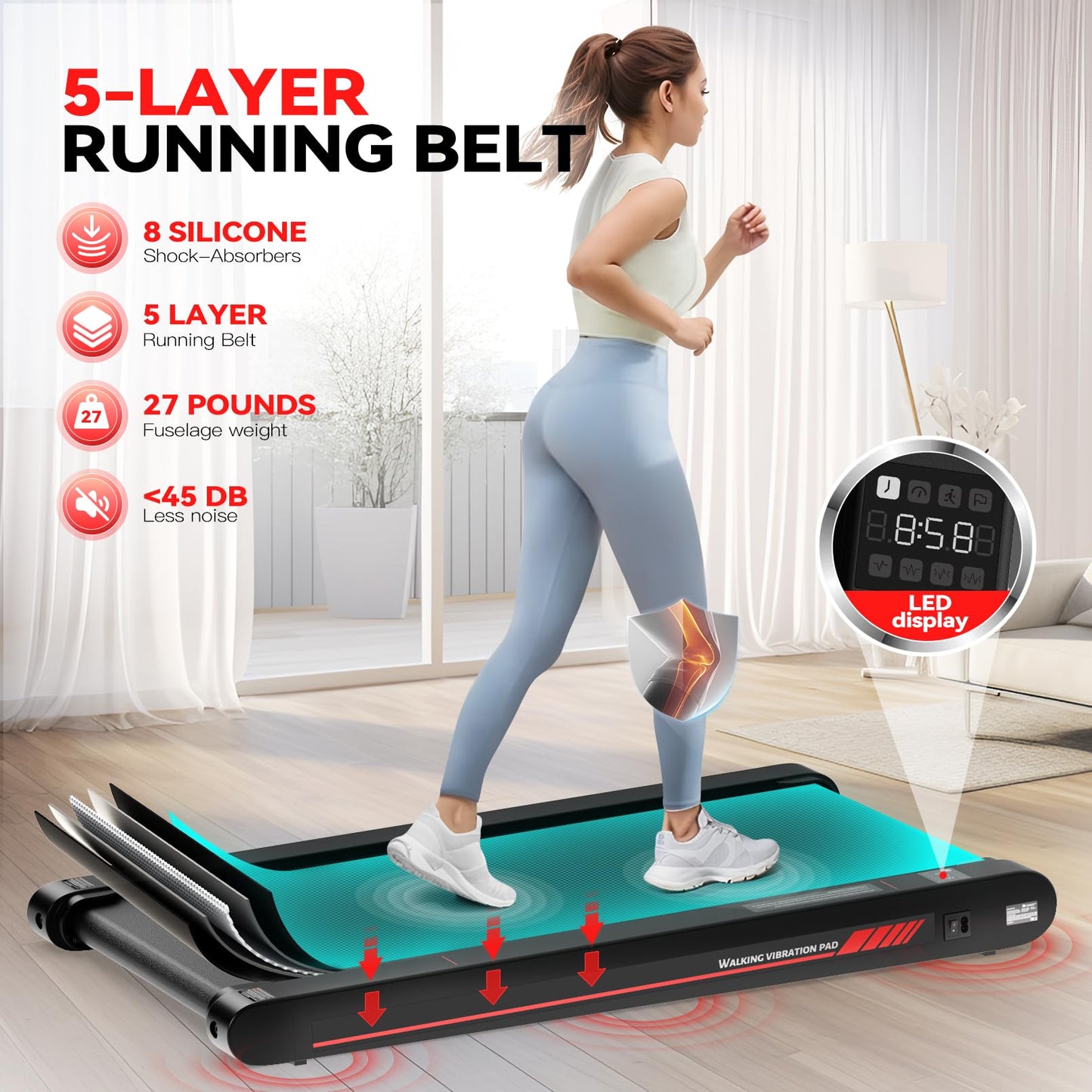 Walking Pad Treadmill with APP, 3 in 1 Under Desk Treadmill, 2.5HP Low Noise Walking Vibration Pad with Remote Control,Portable Treadmill for Home Office, Red
