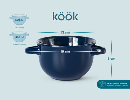 KooK French Onion Soup Bowls, Crocks, Oven Safe Bowls, Soup Mugs, Ceramic Bowls, Dishwasher, Microwave, Set of 4, 18 oz (Blue)