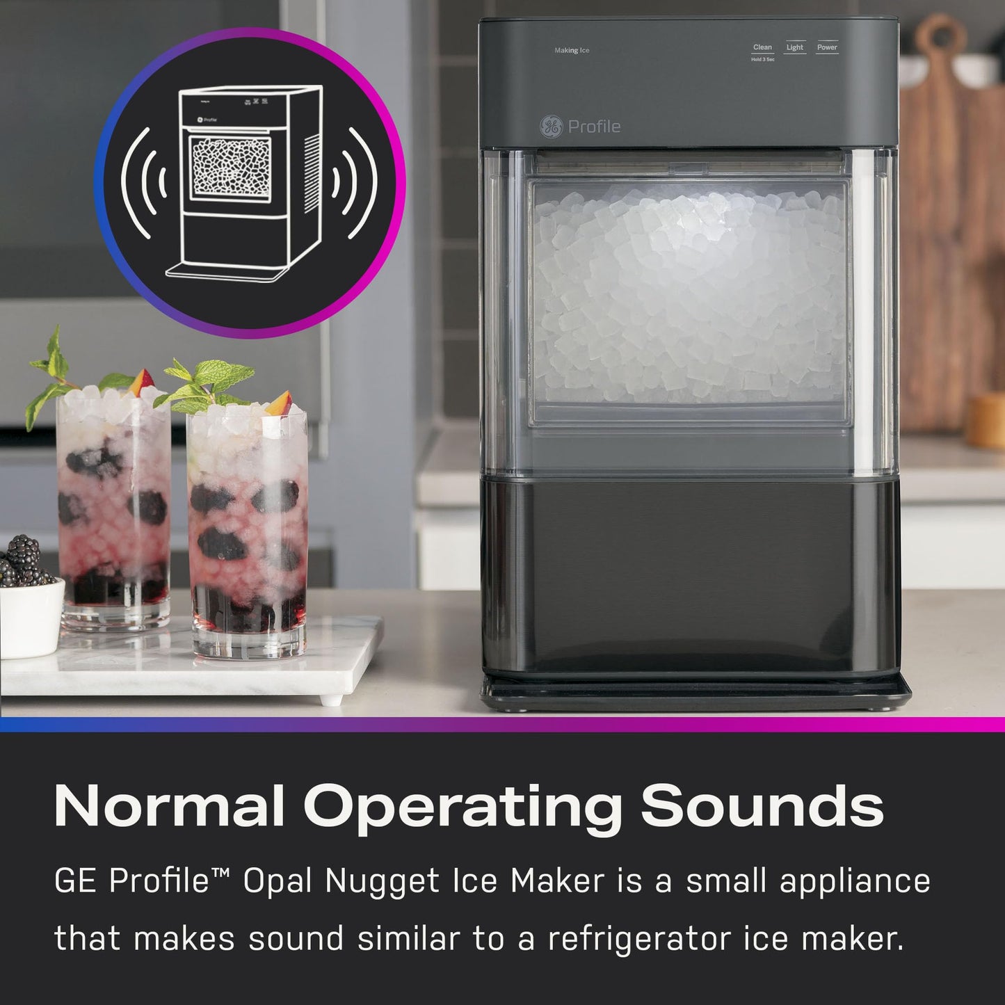 GE Profile Opal 2.0 with 0.75 Gallon Tank, Chewable Crunchable Countertop Nugget Ice Maker, Scoop included, 38 lbs in 24 hours, Pellet Ice Machine with WiFi & Smart Connected, Black Stainless Steel