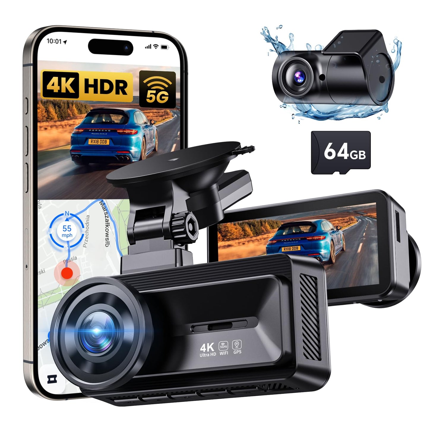 COOLCRAZY Dash Cam Front and Rear, 4K Full HD Dual Dash Camera for Cars Built-in 5G WiFi GPS, 64GB Card, Car Camera with 3" IPS Screen, UHD 2160P Night Vision, HDR, App Control, 24H Parking Monitor