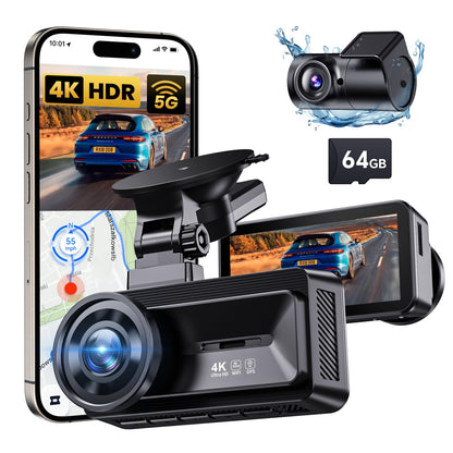 COOLCRAZY Dash Cam Front and Rear, 4K Full HD Dual Dash Camera for Cars Built-in 5G WiFi GPS, 64GB Card, Car Camera with 3" IPS Screen, UHD 2160P Night Vision, HDR, App Control, 24H Parking Monitor