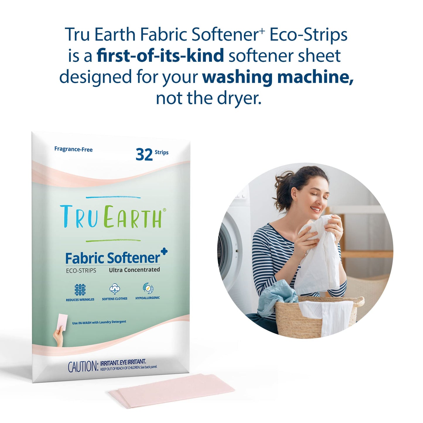 Tru Earth Fabric Softener Strips for Washing Machine, Alternative to Fabric Softener Liquid and Pods, Unscented Fragrance Free, Up to 64 Loads Per 32-Count