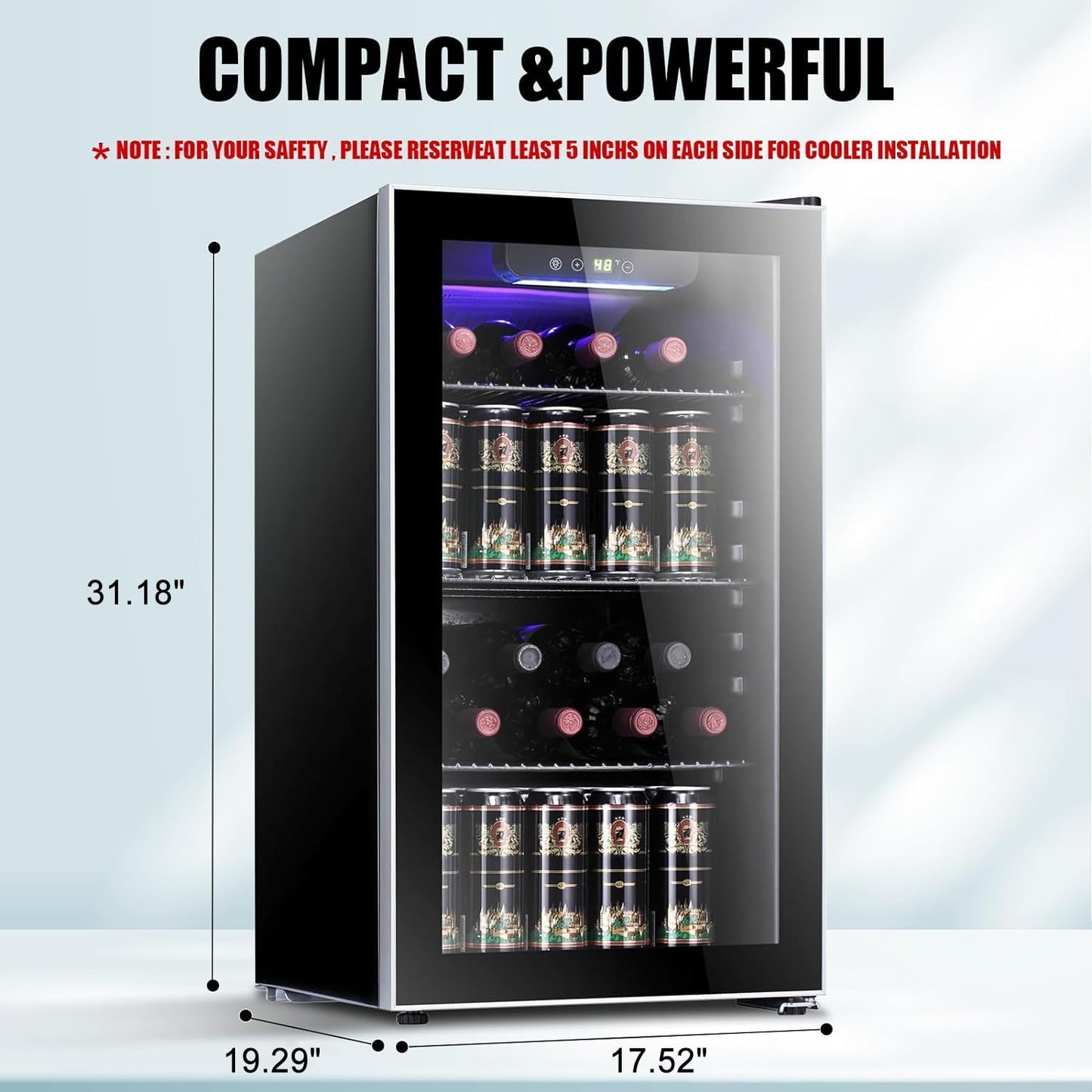 Antarctic Star 26 Bottle 130 Can Wine Cooler/Cabinet Beverage Refrigerator Mini Wine Cellar Beer Soda Clear Glass Door Bar Fridge Quiet Compressor Adjust Temp Freestanding Indoor Use 3.2cu.ft Black…