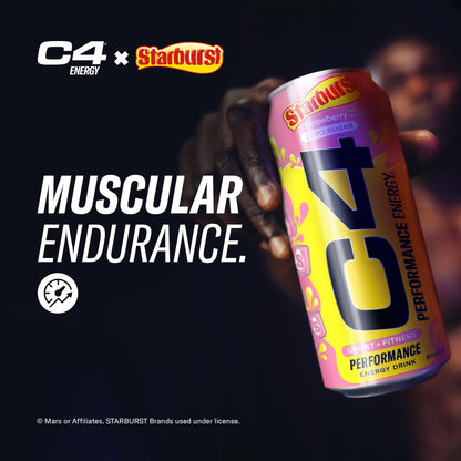Cellucor C4 Performance Energy Drink | STARBURST Strawberry | Zero Sugar Carbonated Preworkout Energy | 200mg Caffeine with Beta Alanine | 16 Fl Oz (12 Pack)