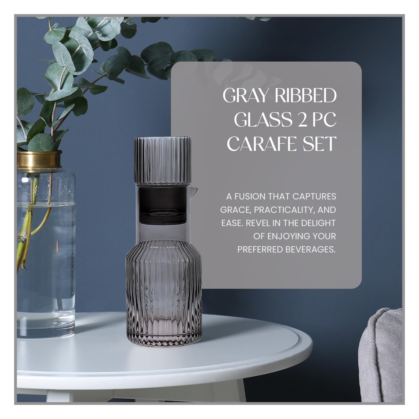 elle decor Gray Ribbed 2 Pc Carafe Set | Bedside Night Water Carafe | Glass Pitcher and Cup that Doubles as a Lid | Glass Tumbler Perfect for Storing Water, Juice, and Other Drinks on Desktop/Shelf