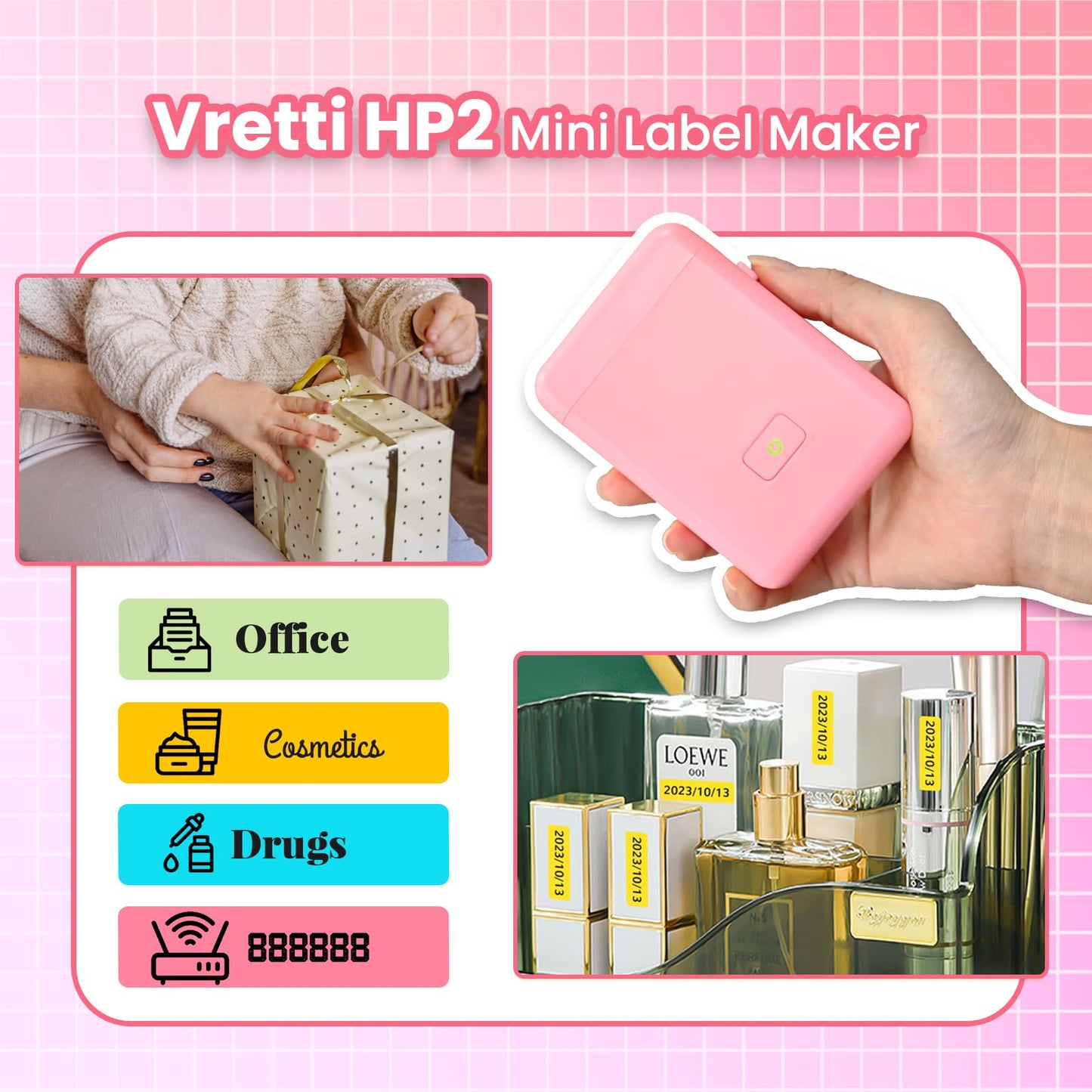vretti Label Maker Machine with Tape, HP2 Portable Bluetooth Label Printer for Storage, Shipping, Barcode, Office, Home, Organizing Mini Sticker Label Maker with Multiple Templates (Pink)