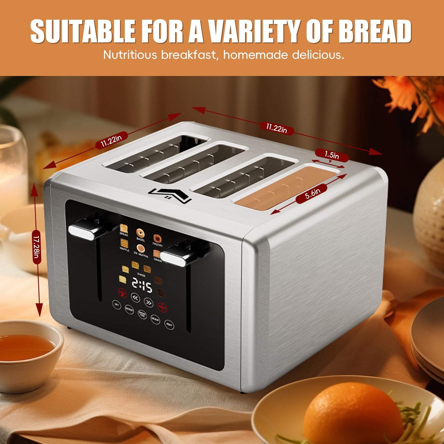 WUNLY 4 Slice Toaster, Touchscreen & Dual Independent Control Panel，5 Basic Functions & Digital Countdown Toasters, 6 Shade Settings＆6 Bread Types, Smart Bread Maker Mute/Screen-Off,Silver