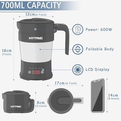 HYTRIC Travel Electric Kettle, 700ML Foldable Small Electric Kettle BPA-Free, Portable Kettle with Multifunctional Panel, Collapsible Hot Water Kettle with Keep Warm & Delay Start, 110V Black