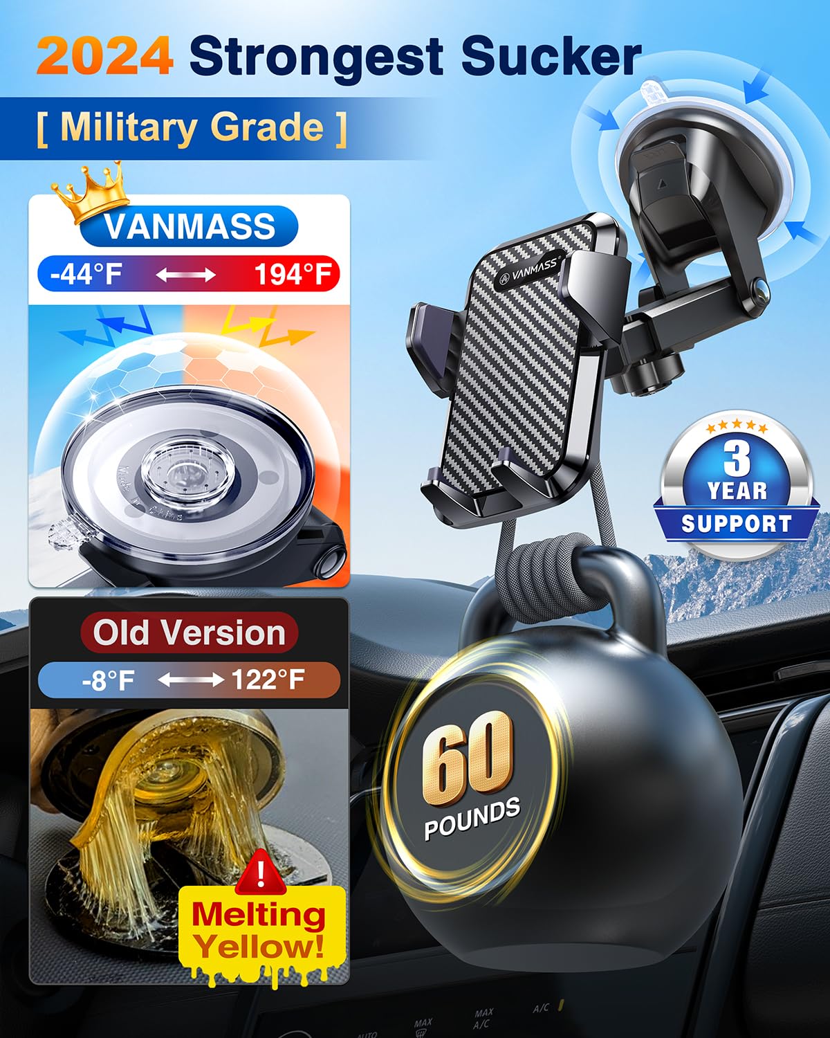 VANMASS 【65+LBS Strongest Suction & Military-Grade 2024 Ultimate Car Phone Mount【Patent & Safety Certs】 Cell Phone Holder Truck Stand for Dashboard Windshield Vent for iPhone 16 15 Pro Max 14 Samsung