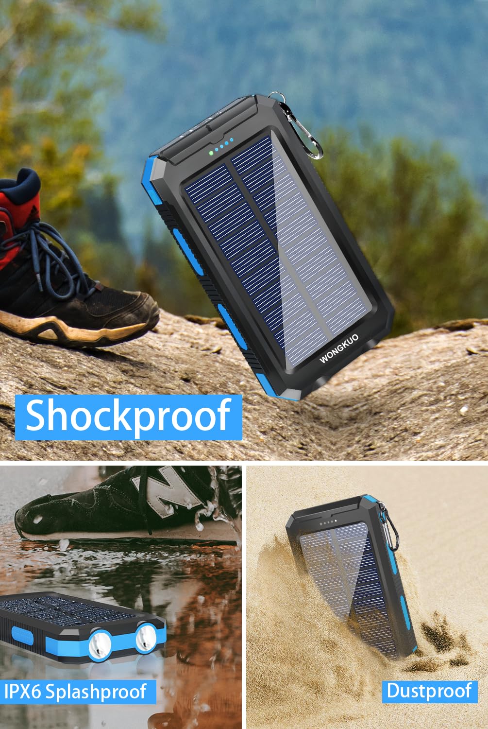 WONGKUO Solar Charger Power Bank - 𝟮𝟬𝟮𝟰 𝙐𝙥𝙜𝙧𝙖𝙙𝙚 36800mAh Solar Phone Charger, QC3.0 Fast Charger with LED Flashlight, IP65 Waterproof Portable Power Bank for Outdoor Activities