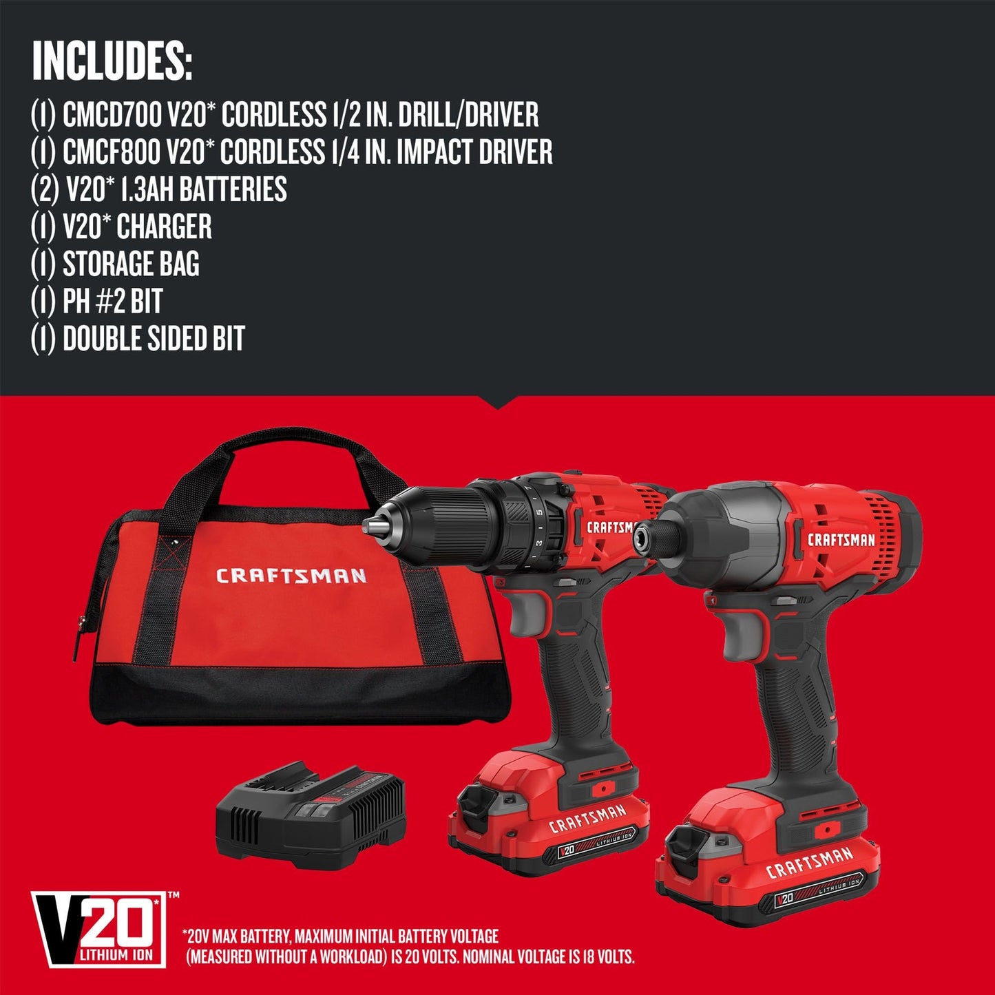 CRAFTSMAN V20 MAX Cordless Drill and Impact Driver, Power Tool Combo Kit with 2 Batteries and Charger (CMCK200C2AM)