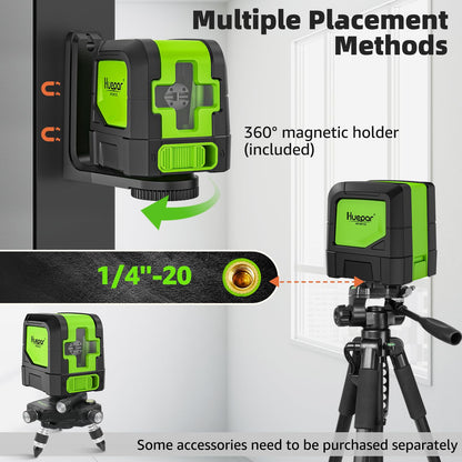 HUEPAR Laser Level Classic, 100ft Self Leveling Green Cross Line Laser for Picture Hanging, Tile, Decoration & DIY Indoor Construction – 360° Magnetic Base & Battery Included