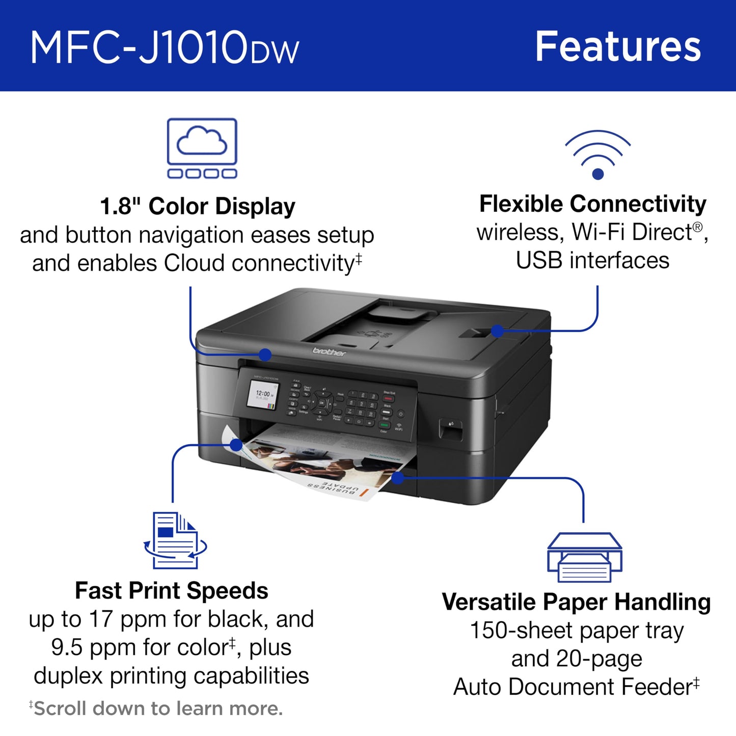 Brother MFC-J1010DW Wireless Color Inkjet All-in-One Printer, Duplex Printing, Mobile & Cloud Print, Compact Design, 1.8" Color Display, Works with Alexa