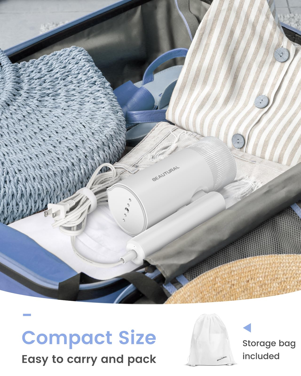 BEAUTURAL Steamer for Clothes, Portable Garment Wrinkle Remover, Fast 30s Heat-up, Foldable and Handheld, 120V Only (Not for 220V Europe)