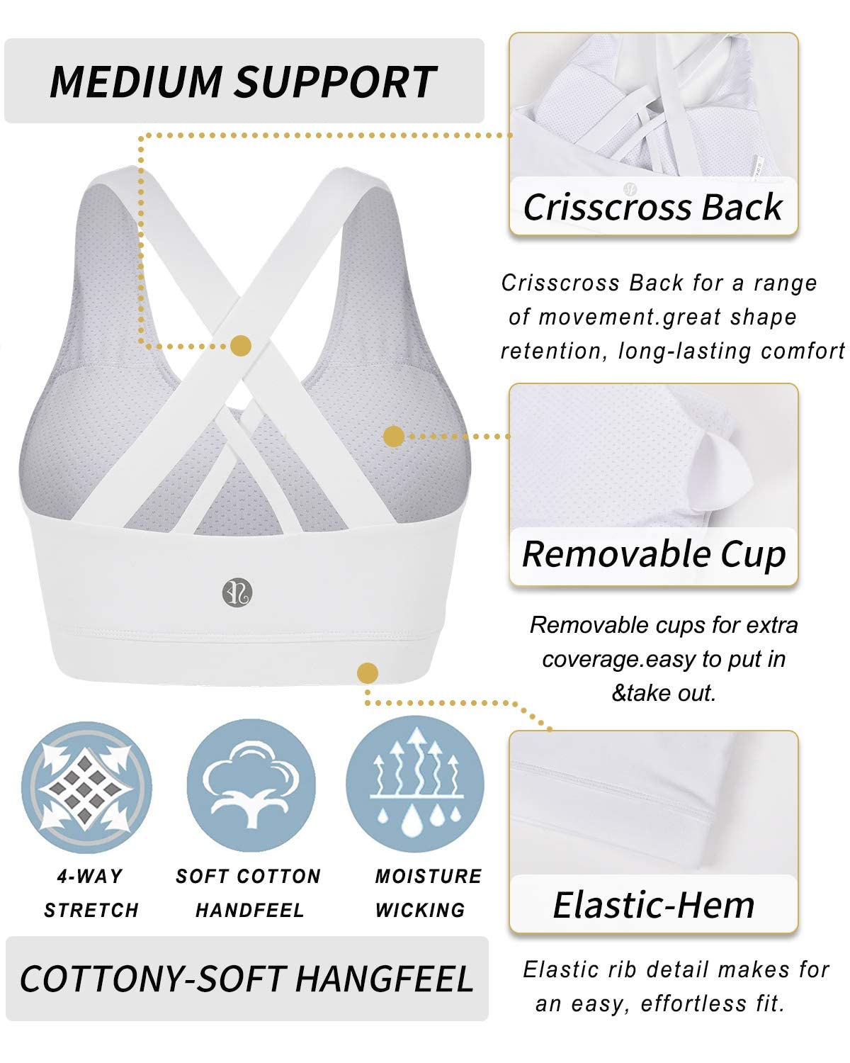 RUNNING GIRL Sports Bra for Women, Criss-Cross Back Padded Strappy Sports Bras Medium Support Yoga Bra with Removable Cups A-White