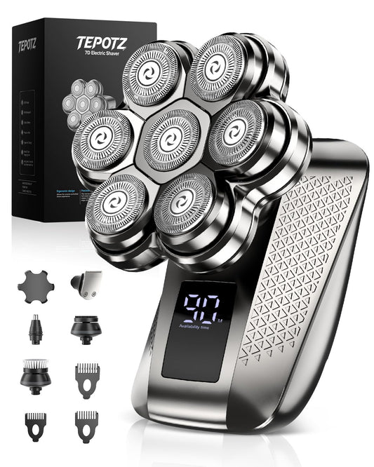 TEPOTZ 7D Head Shavers for Bald Men, IPX7 Waterproof Wet or Dry Electric Razor for Men/Women, 5-in-1 Detachable Head Shaver, Grooming Kit, LED Display/Type-C Charge, Travel-Friendly, Portable