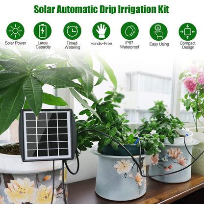 Solar Automatic Drip Irrigation Kit System, JIYANG Solar Powered Auto Easy DIY Watering Device Supported Pots Plants, 6 Timing Modes with Anti-Siphoning Device (Supported 10 Pots, 6Timing Modes)