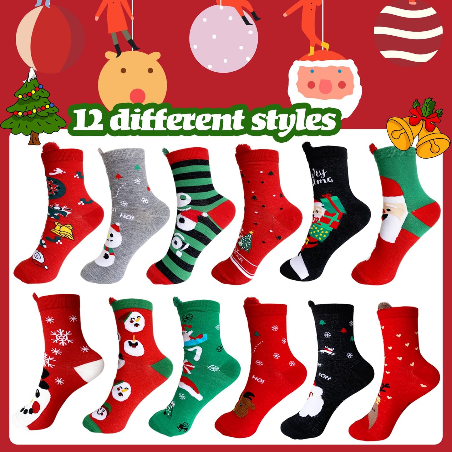 Haawooky 12 Pairs Christmas Socks,Fun Colorful Holiday Socks,Novelty Cozy Crew Sock Set for Women,Men,Funny Xmas Gifts