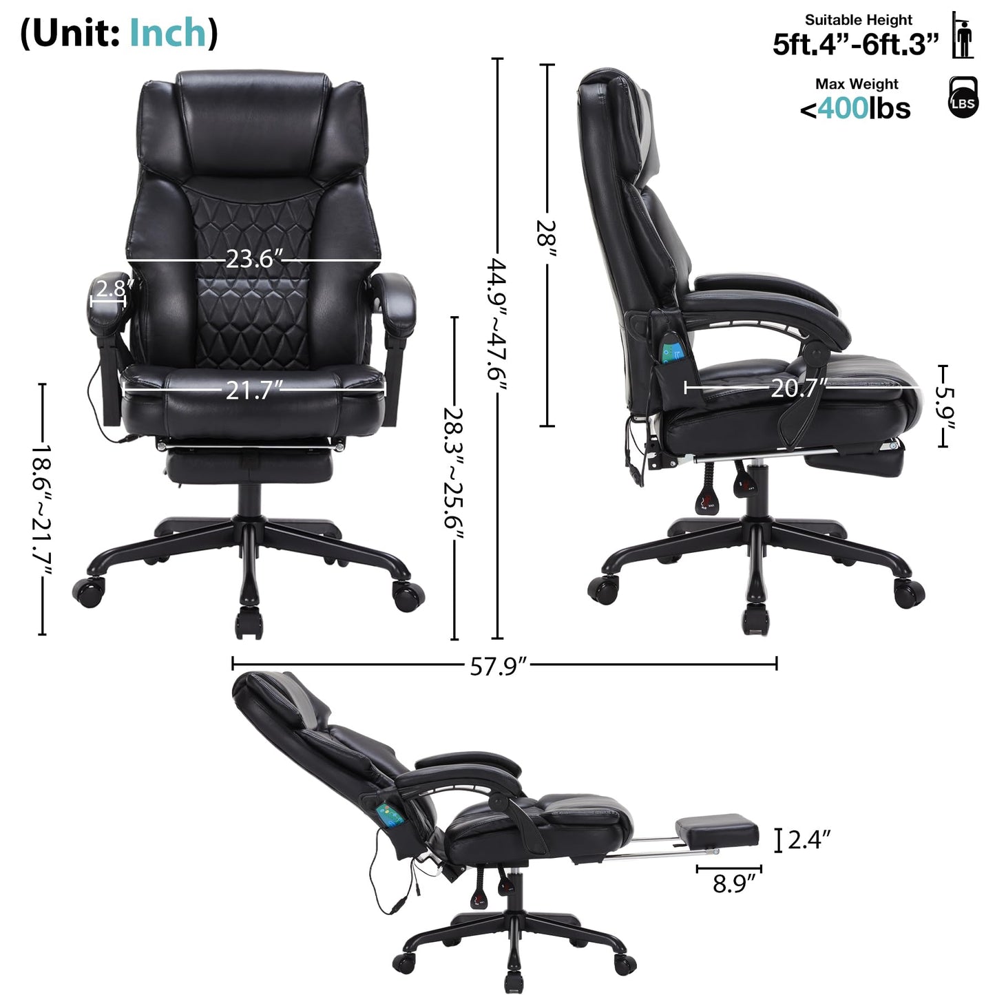 Massage Office Chair with Foot Rest 6 Points Vibration and Heat Home Office Desk Chairs for Heavy People 400lbs Reclining Managerial Chairs Ergonomic Executive Chair (Black)
