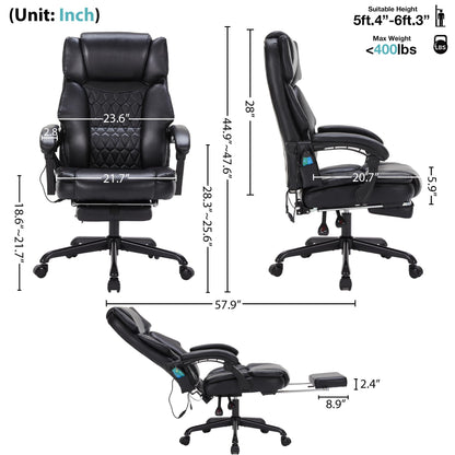Massage Office Chair with Foot Rest 6 Points Vibration and Heat Home Office Desk Chairs for Heavy People 400lbs Reclining Managerial Chairs Ergonomic Executive Chair (Black)