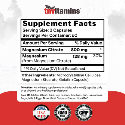 TNVitamins Magnesium Citrate 800 MG - 120 Capsules | Two Month Supply! | Pure Magnesium Citrate Powder Capsules | Citrato De Magnesio | Non-GMO | Produced in the USA!