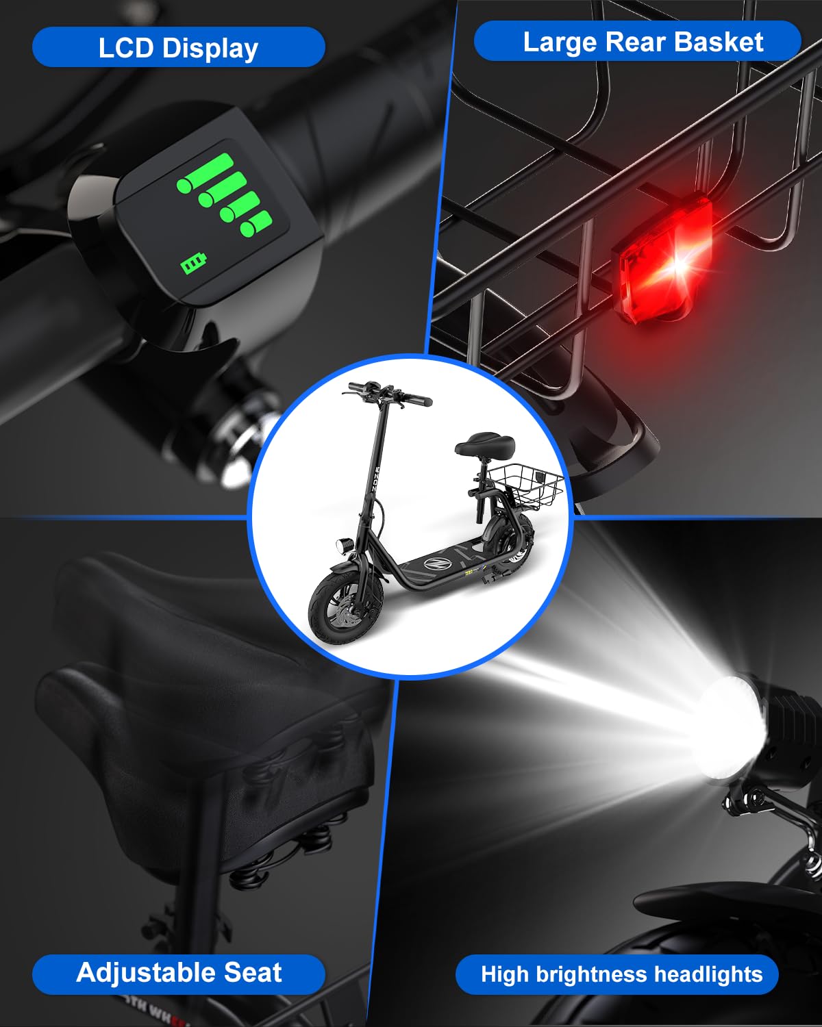 Electric Scooter with Seat ZD06, 800W Peak Motor, 20 Mile Range & 15.5 Mph, Key Start, Foldable E-Scooter with Carry Basket for Pets & Cargo, Electrically-Powered Motor Scooters