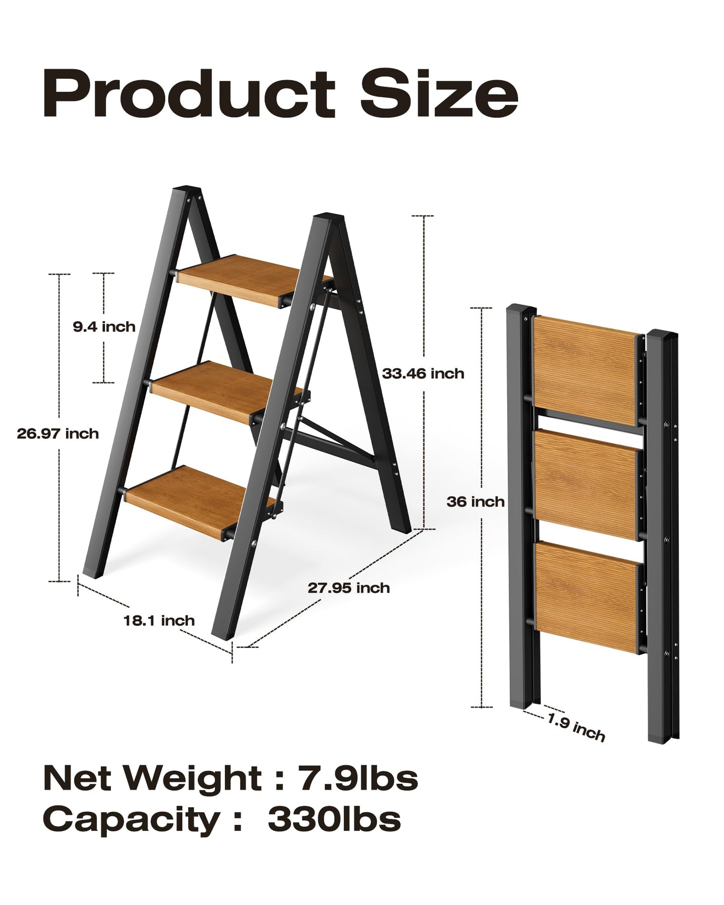 Taranta 3 Step Ladder,Aluminum Lightweight Folding 3 Step Stool with Anti-Slip Wide Pedal, 330lbs Capacity Step Ladder for Household,Kitchen,Office - BlackWoodgrain