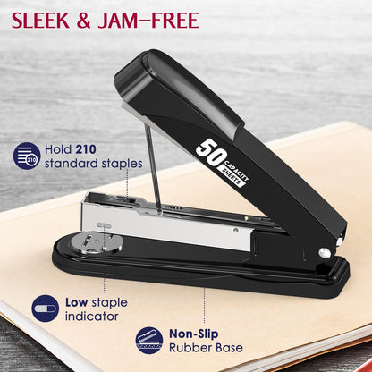 Metal Stapler Heavy Duty 50 Sheet Capacity with 1750 Staples and Staple Remover, Full Strip Staplers for Desk, No Jam, Non-Slip for Office & Classroom, Black