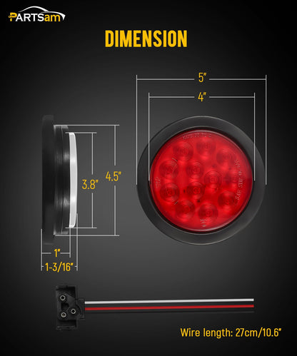 Partsam 4Pcs 4 Inch Round Led Trailer Tail Lights Kit Red 12 LED Waterproof 4" Brake Stop Turn Tail Marker Trailer Lights Sealed Flush Mount for Truck RV Boat UTE UTV 12V Grommet Plug Included