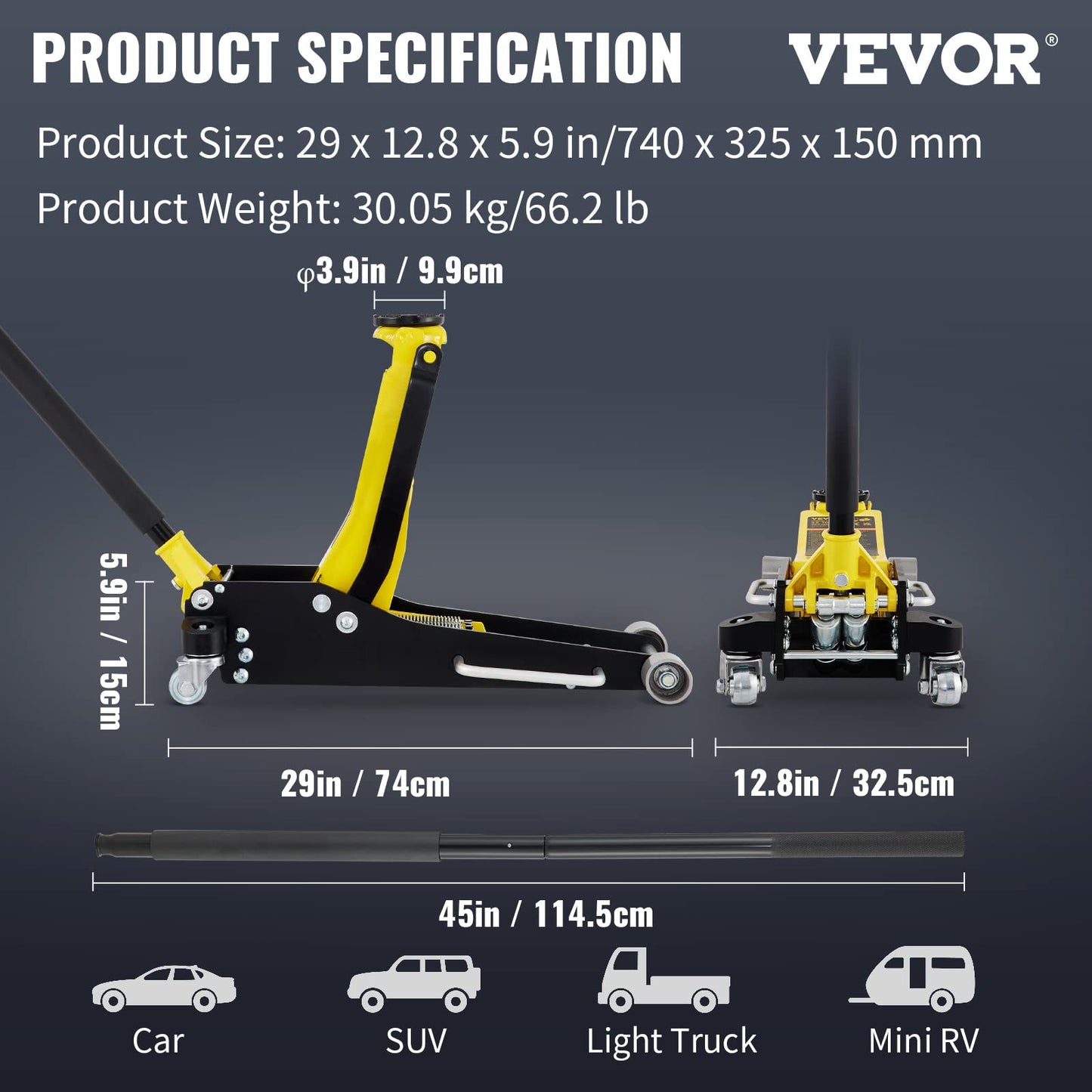 VEVOR 3 Ton Low Profile , Aluminum and Steel Racing Floor Jack with Dual Pistons Quick Lift Pump for Sport Utility Vehicle, Lifting Range 3-6/11"-19-11/16", yellow,black