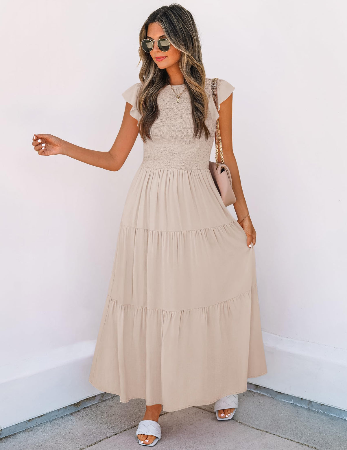 ZESICA Women's 2025 Summer Casual Flutter Short Sleeve Crew Neck Smocked Elastic Waist Tiered Midi Dress,Apricot,X-Small