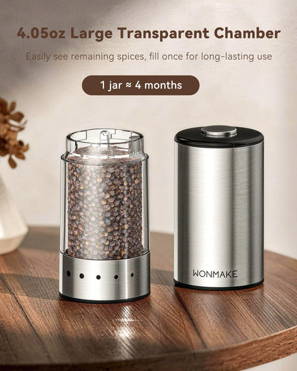 Electric Salt and Pepper Grinder Set, Type-C Rechargeable with LED Battery Level Display, Stainless Steel Salt and Pepper Shakers with Storage Base, Top Button Design, 5 Adjustable Coarseness Levels
