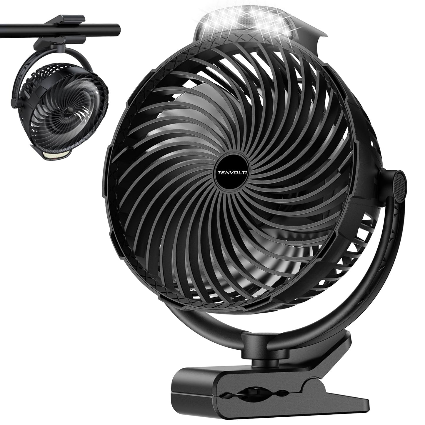 Tenvolti 10000mAh Clip on Fan, 8-Inch Golf Cart Fan Rechargeable with LED Light, 9 Speeds Strong Airflow, Ultra Quiet, 30Hrs Runtime, 360° Rotation, Cooling for Bed Camping Office Desk Dorm, Black