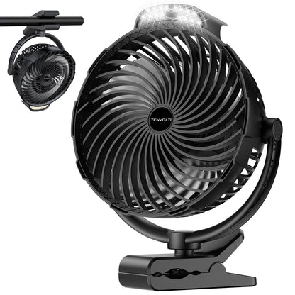 Tenvolti 10000mAh Clip on Fan, 8-Inch Golf Cart Fan Rechargeable with LED Light, 9 Speeds Strong Airflow, Ultra Quiet, 30Hrs Runtime, 360° Rotation, Cooling for Bed Camping Office Desk Dorm, Black