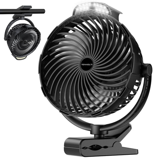 Tenvolti 10000mAh Clip on Fan, 8-Inch Golf Cart Fan Rechargeable with LED Light, 9 Speeds Strong Airflow, Ultra Quiet, 30Hrs Runtime, 360° Rotation, Cooling for Bed Camping Office Desk Dorm, Black
