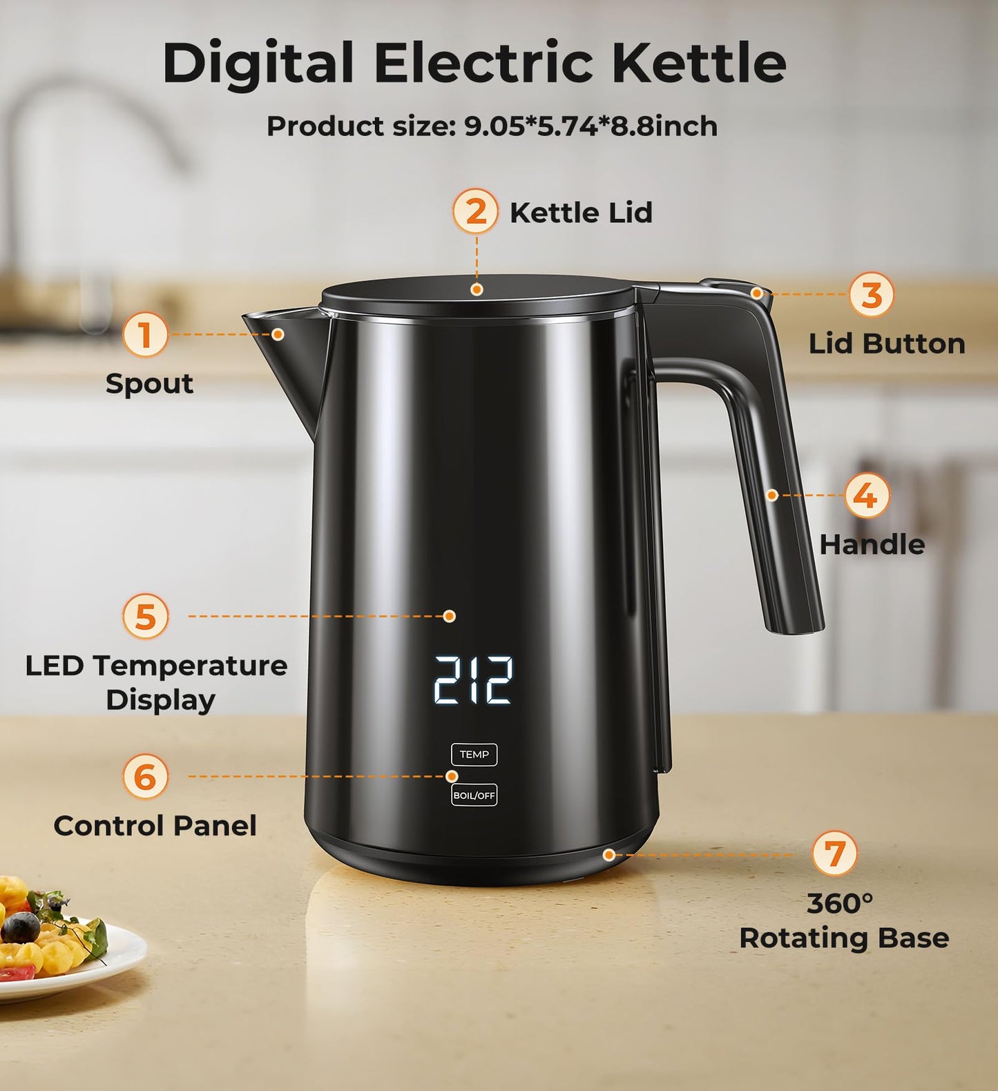 Electric Kettle, 1.0L 1200W Fast Heat with Auto Shut-Off, Boil-Dry Proof, 7 Temperature Control Teapot, Double Wall Stainless Steel Water Boiler Heater, 4H Keep Warm, Cool Touch Coffee Tea Pot, Black